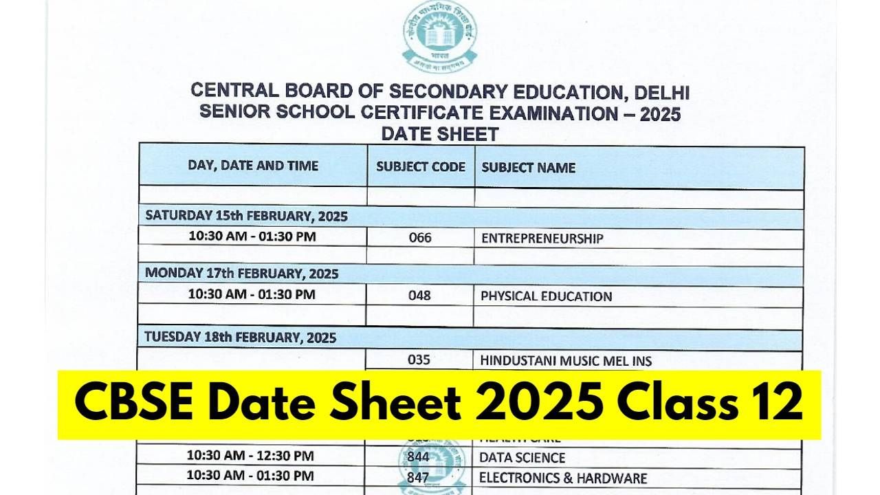 CBSE Class 12th Board Exam Date Sheet 2025
